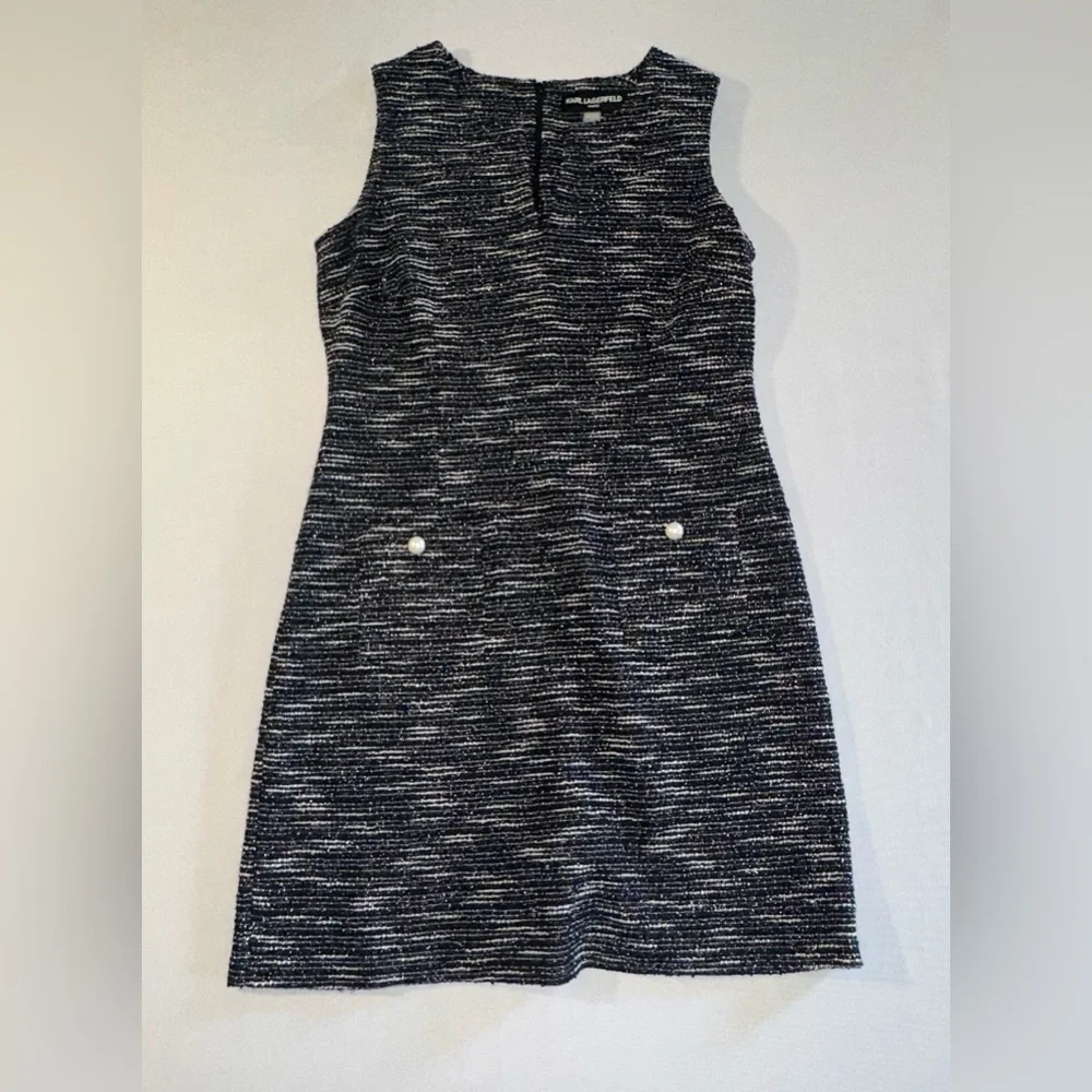 Karl Lagerfeld • Tweed Shift Dress Womens 12 Black White White Pearl Buttons - Picture 7 of 16